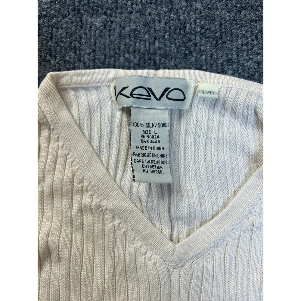 Kevo Sweater Vest Men Large Cream 100% Silk Ribbed V-Neck Sleeveless Knit Top